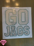 GO JAGS rhinestone heat transfer in teal and crystal block letters, Jacksonville Jaguars gameday bling
