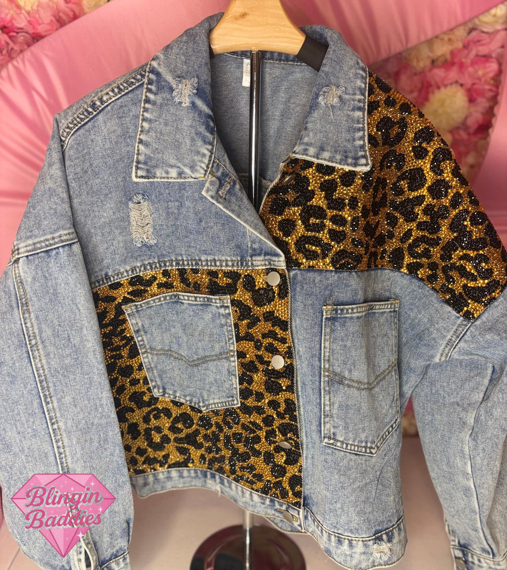 Leopard rhinestone denim jacket with hand-set gold and black crystal leopard print panels, gameday statement piece