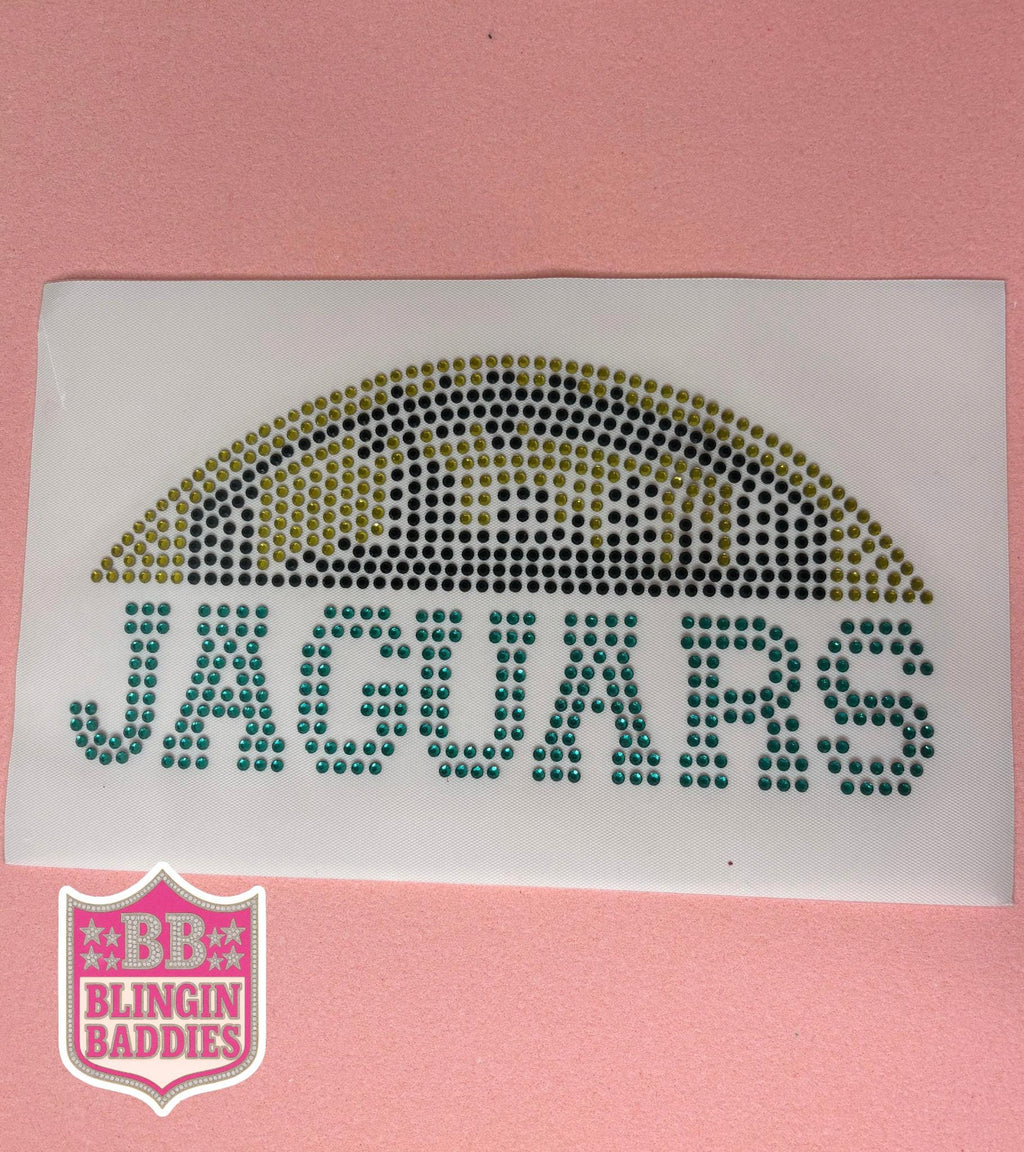 Teal JAGUARS rhinestone transfer sheet with gold and black football skyline, heat press ready